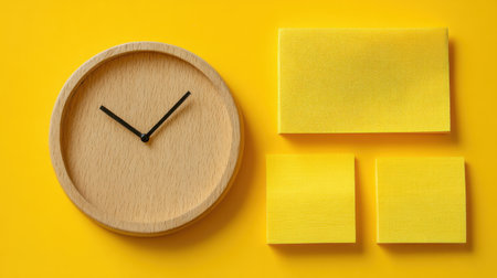 A round wooden clock with black hands sits alongside vibrant yellow sticky notes on a bright yellow background, perfect for minimalistic design themes.の素材