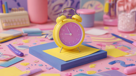 Bright and playful arrangement showcasing a yellow alarm clock amid colorful sticky notes and office supplies, set against a vibrant pink backdrop.の素材