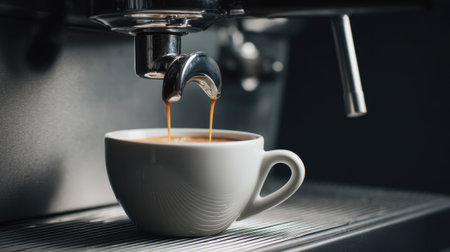 A freshly brewed espresso pours elegantly into a white ceramic cup from a modern coffee machine, showcasing the art of brewing in a cafe setting.の素材