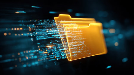 This image showcases glowing folder icons amidst a dynamic data stream representing digital storage and technology innovation. It conveys a sense of energy, speed, and connectivity in a cyber environment.の素材