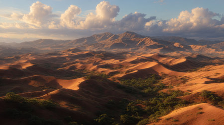 Experience the awe-inspiring beauty of a vast desert landscape, showcasing rolling sand dunes, majestic mountains, and a dramatic sunset sky.の素材