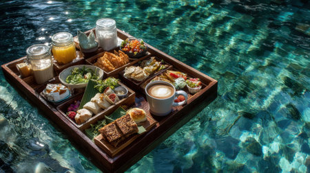Experience a stunning floating breakfast tray featuring gourmet dishes and refreshing beverages amidst a tranquil pool setting. Enjoy a perfect morning!の素材