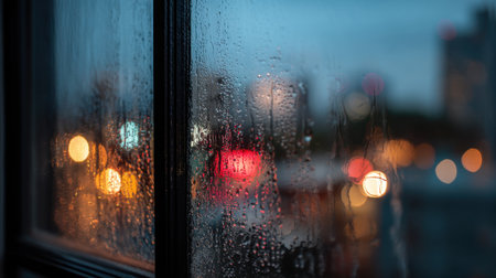 This atmospheric image captures raindrops on a window pane, with soft city lights appearing blurred in the background at dusk.の素材