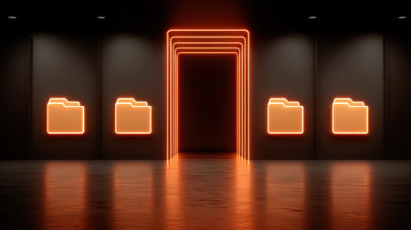 A striking visual of neon-glowing file folders set in a dark room, representing modern data management and organization in a digital age.の素材