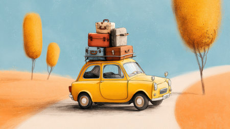 A whimsical illustration of a vintage yellow car loaded with suitcases, capturing the joy of travel through a vibrant autumn landscape.の素材