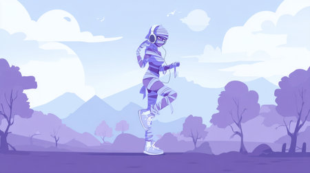 A vibrant abstract illustration featuring a character wearing headphones and dancing joyfully in a colorful landscape with mountains and trees.の素材