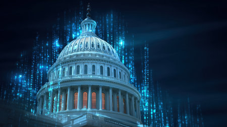A dramatic view of the Capitol Building illuminated at night, combined with futuristic binary code, symbolizing the intersection of government and technology.の素材