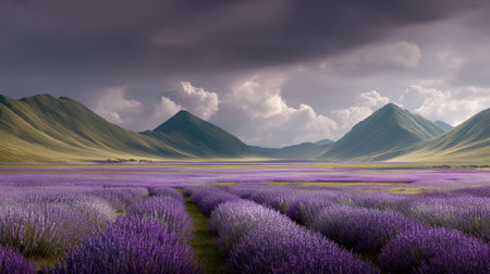 A breathtaking view of expansive lavender fields stretches under a dramatic sky filled with clouds. The vivid purple flowers create a striking contrast with the green mountains, evoking tranquility and natural beauty. Perfect for outdoor and nature-themed projects.の素材
