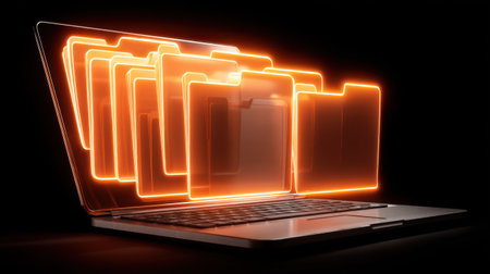 A futuristic representation of glowing transparent file folders displayed on a laptop screen, highlighting digital organization in a modern workspace.の素材