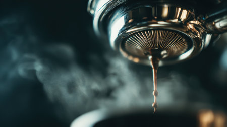 A mesmerizing close-up of an espresso extraction, showcasing steam and rich liquid dripping from a coffee machine in a cozy cafe setting.の素材