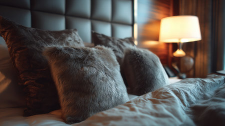 Experience the inviting ambiance of a cozy bedroom featuring soft pillows and warm lighting, perfect for relaxation and peaceful nights.の素材