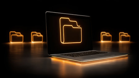 A sleek laptop displays a glowing folder icon against a dark backdrop, representing digital file management and modern technology. Perfect for visuals related to organization and productivity.の素材