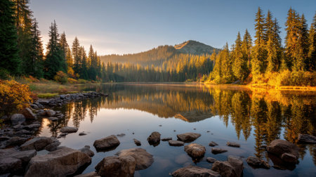 A stunning forest landscape featuring a tranquil lake at dawn. The scene showcases tall trees reflecting in calm water, creating an idyllic atmosphere.の素材