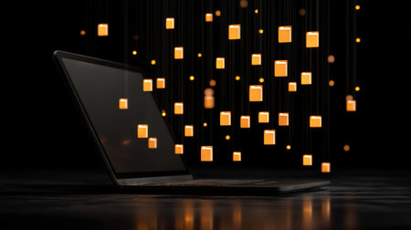 A captivating image featuring an open laptop surrounded by floating illuminated squares in a dark setting, representing digital and technological themes.の素材