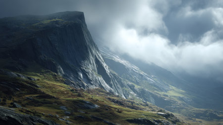 An awe-inspiring mountain landscape showcasing dramatic cliffs under a moody sky filled with rolling clouds. Sunlight breaks through, illuminating the serene environment that captivates the spirit of adventure and exploration in nature's beauty.の素材