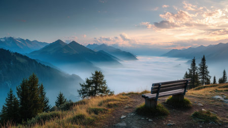 A breathtaking view of a mist-covered valley surrounded by towering mountains at dawn. A wooden bench invites solitude and reflection, creating a perfect escape into nature.の素材
