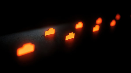 A captivating image of glowing orange folder icons arranged in a dark setting, ideal for themes of technology, organization, and digital design.の素材