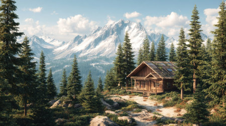 Discover a tranquil mountain lodge nestled among lush pine trees and towering snow-capped peaks, offering a perfect escape into nature.の素材