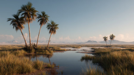 A tranquil landscape showcasing palm trees by a calm waterway at dawn, surrounded by lush grass and distant mountains, inviting adventure.の素材