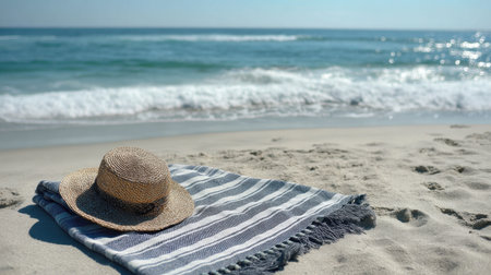 Discover a serene beach scene featuring a straw hat resting on a soft blanket, with gentle waves washing ashore under a sunny sky. Perfect for relaxation.の素材