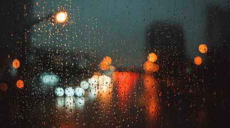 Captivating raindrops on a window create a soft, blurry scene of city lights during a rainy evening, evoking a feeling of tranquility and coziness.の素材