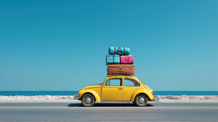 A vibrant yellow vintage car stands proudly by a tranquil beach, adorned with colorful luggage, evoking a sense of adventure and nostalgia.の素材
