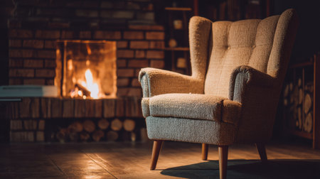 This inviting armchair sits gracefully by a softly lit fireplace, exuding warmth and comfort in a rustic living room atmosphere. Perfect for relaxation.の素材