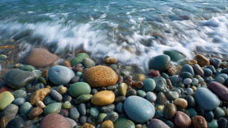 A vibrant collection of smooth pebbles in various colors lies on the shore, while gentle waves softly lap against the rocks, creating a serene atmosphere.の素材