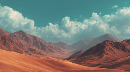 Explore this stunning desert landscape showcasing rolling sand dunes and majestic mountains under a vibrant blue sky filled with clouds.の素材