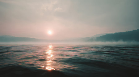 This stunning image captures a serene moment where a sun sets over a misty river, creating soft ripples in the water. The atmosphere evokes tranquility and calm, making it ideal for nature lovers and peaceful scenes.の素材