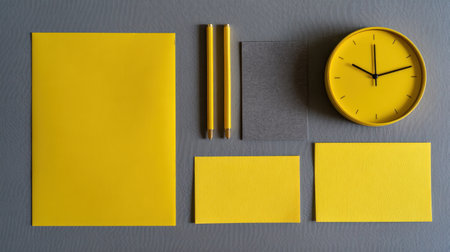 This image showcases a vibrant collection of yellow stationery items, including notebooks, pens, and a clock, arranged on a gray surface to inspire creativity and organization.の素材