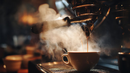 A close-up of a steaming espresso shot pouring from a coffee machine into a white cup, capturing the cozy atmosphere of a cafe.の素材