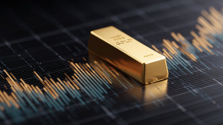 A shiny gold bar rests on a background of financial data, symbolizing investment and wealth growth through market analysis and trading indicators.の素材