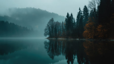 A tranquil scene featuring a misty lake surrounded by lush trees, reflected beautifully in still waters, evoking peace and harmony.の素材