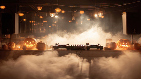 Experience a haunting Halloween vibe with DJ turntables, glowing pumpkins, and smoky fog in a vibrant nightclub setting. Perfect for spooky celebrations!の素材