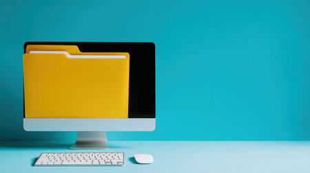 A computer monitor displays a yellow folder against a vivid blue background, symbolizing efficiency and organization in a modern digital workspace.の素材