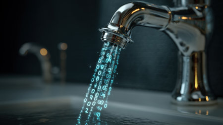 A sleek faucet pours water that transforms into vibrant streams of binary code, symbolizing the fusion of technology and everyday life.の素材