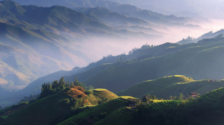 A breathtaking mountain landscape featuring fog enveloping terraced fields, creating a tranquil atmosphere at dawn. Perfect for nature lovers.の素材