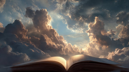 An open book sits against a breathtaking backdrop of clouds and sky. This image evokes themes of knowledge, imagination, and creativity, inviting viewers to explore the depths of thought and reflection.の素材