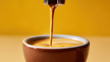 This image captures a close-up of rich, creamy espresso pouring into a brown cup, set against a bright yellow backdrop. Perfect for coffee lovers!の素材