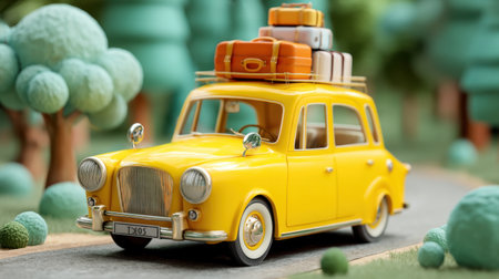 A charming yellow vintage car loaded with colorful luggage travels along a scenic road surrounded by lush green trees. Perfect for evoking adventure.の素材