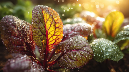 The image captures vibrant lettuce leaves adorned with water droplets, showcasing the beauty of nature in sunlight. Ideal for health and wellness themes.の素材