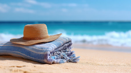 A charming scene featuring a straw hat atop a soft blue towel on a sandy beach, with gentle ocean waves and a bright sky, perfect for summer relaxation.の素材