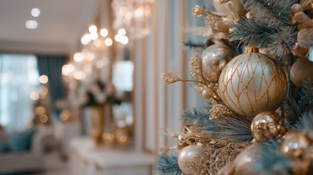 A stunning close-up of an elegant Christmas ornament hanging on a beautifully decorated tree, showcasing luxury and festive charm in a cozy interior.の素材