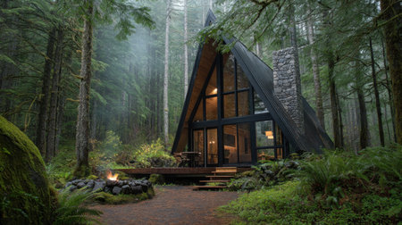 A picturesque A-frame cabin surrounded by towering trees and a mystical mist, offering a perfect escape into nature's tranquility and beauty.の素材