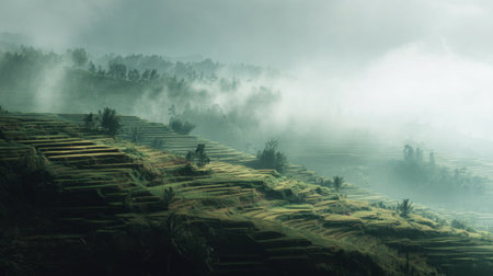 Immerse yourself in this breathtaking view of terraced rice fields shrouded in mist. The lush landscape presents a serene escape into nature surrounded by mountains, evoking tranquility and beauty in every detail.の素材