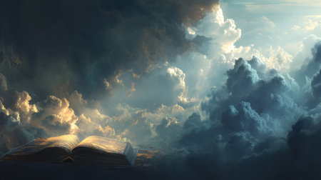 An open book rests amidst dramatic clouds and sunlight rays, creating a mystical atmosphere that inspires imagination and exploration.の素材