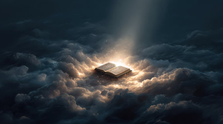 An enchanting image of an open book resting on soft clouds, illuminated by gentle light, creates a serene and mystical atmosphere.の素材