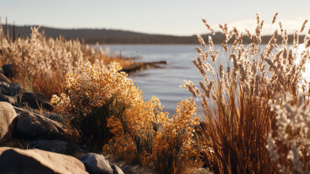 Experience a tranquil lakeside scene featuring stunning autumn foliage and rocky shoreline, bathed in soft sunset light, perfect for nature lovers.の素材