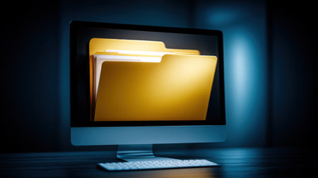 A conceptual image featuring an open folder on a computer screen, symbolizing digital file storage and data management in a modern workspace.の素材